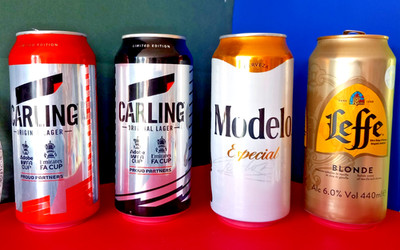 SET x 4 EMPTY BEER CANS CARLING ENGLAND FOOTBALL ASSOCIATION CUP,  LEFFE, MODELO