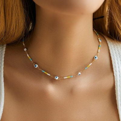 18K Gold Plated Evil Eye Beaded Choker Necklace Blue Yellow Boho Protection