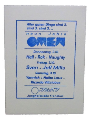 Flyer -Neun Jahre OMEN Frankfurt- VÄTH-Hell-ROK- Villalobos-MILLS-Laux-1997-MINT