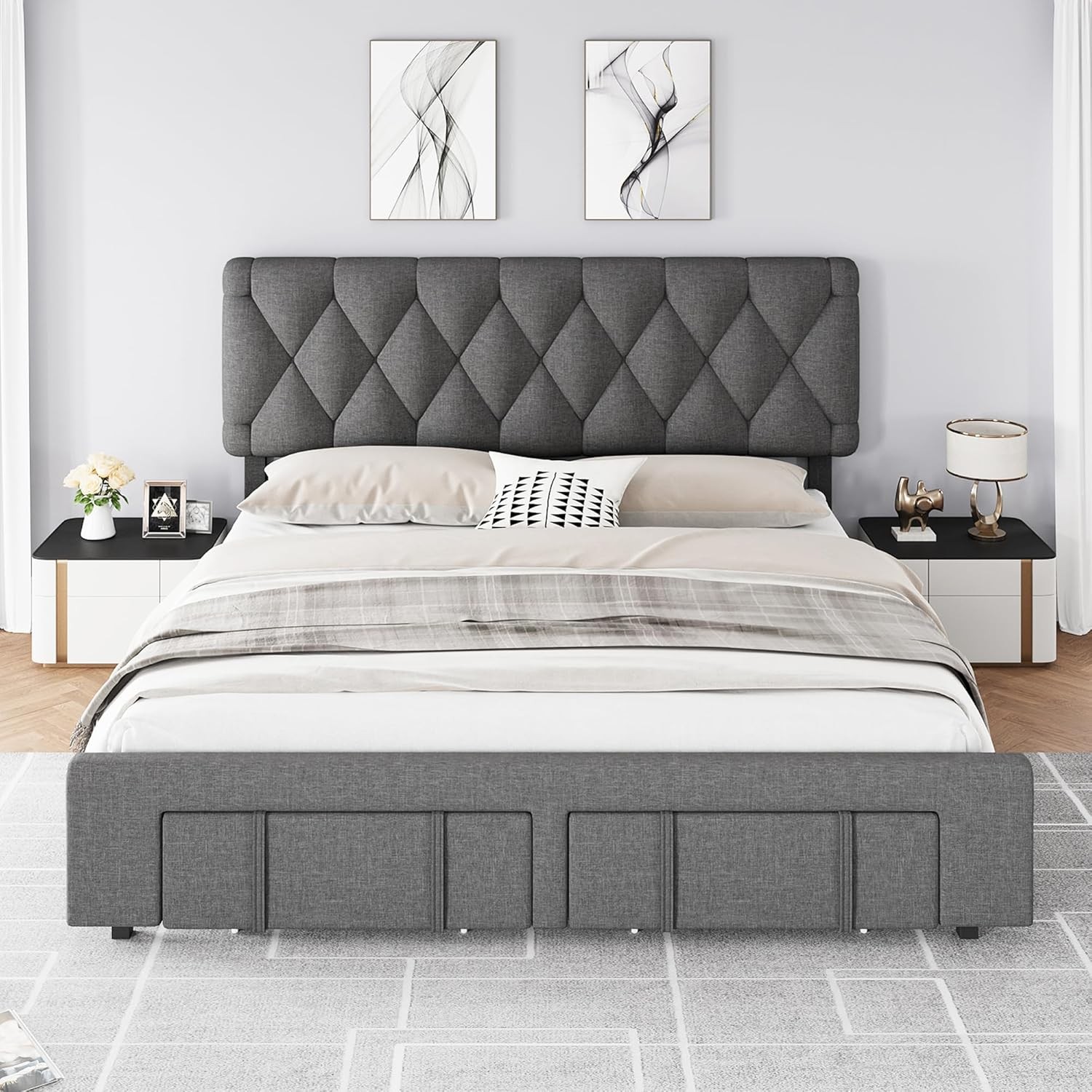 Queen Size Bed Frame, Upholstered Platform Bed Frame with 2 Storage Drawers