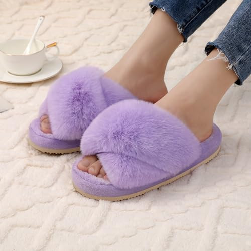 Women's Vegan Faux Fur Slides – Fuzzy Open-Toe Slippers For Indoor/Outdoor, Purple, Size 8