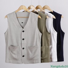 Men's Cotton Linen V-Neck Button Down Vest Sleeveless Casual Pocket Waistcoat