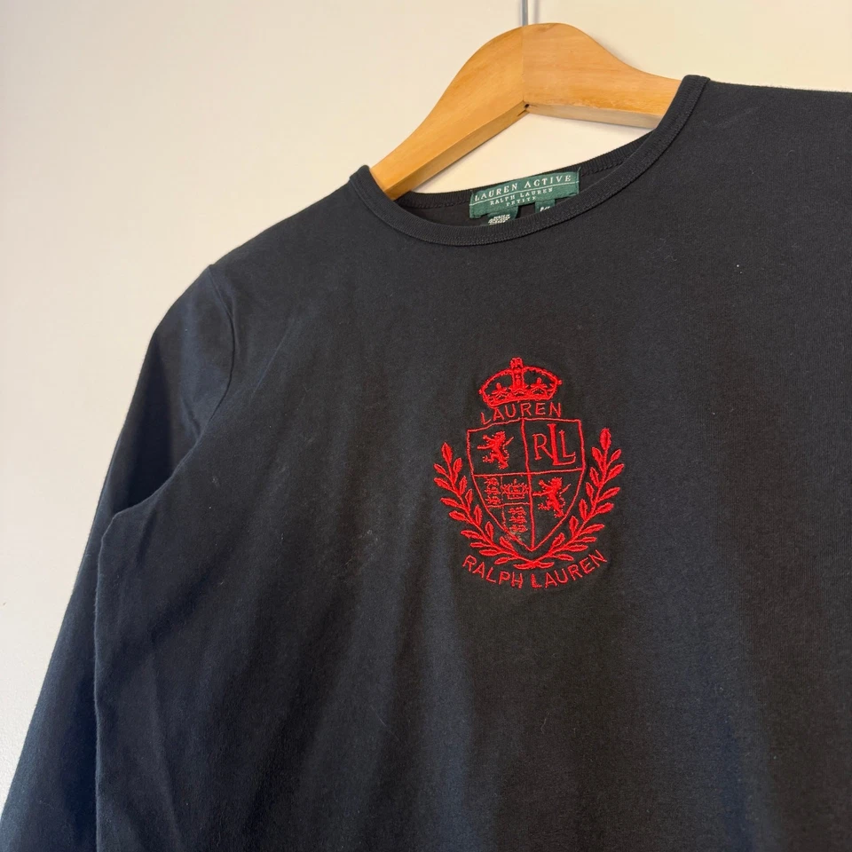 Vintage 90s Lauren Ralph Lauren Embroidered Longsleeve Crest Tee Shirt Top Black - Image 2 of 4