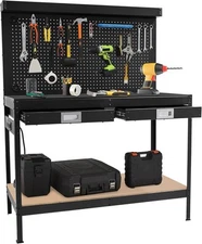 48" Workbench 2-Tier Garage Power Outlet 2Drawer Pegboard Under Shelf Work Table