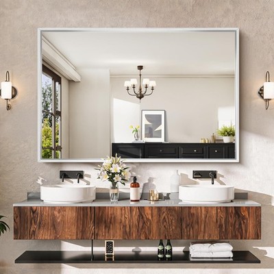 60''x40'' Brushed Silver Mirror with Chunky Box Metal Frame,Large Bathroom Mirr...