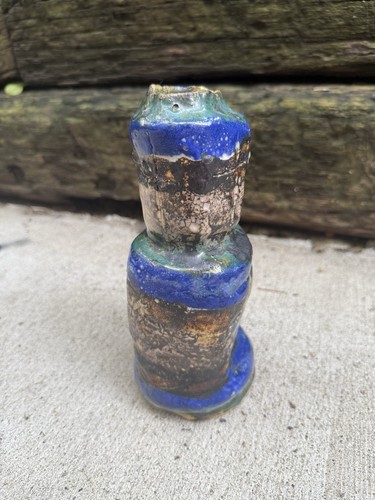 Vintage Glazed Stoneware Abstract Art Vase Green Cobalt Blue Brown Signed OOAK - Picture 9 of 24