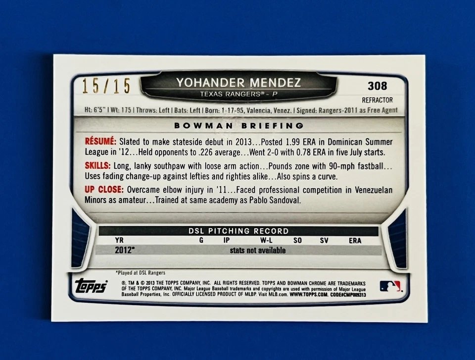2013 Bowman Chrome Yohander Mendez Mini Orange Refractor Card #308; #’d 15/15 - Image 2 of 2