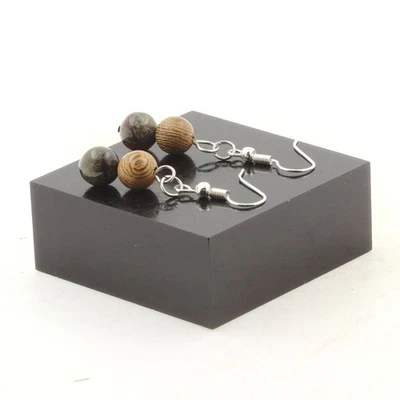 Boucles D'oreilles 2 Perles Jaspe sang de Dragon + bois 8 mm en acier Fabriqué - Photo 1/2