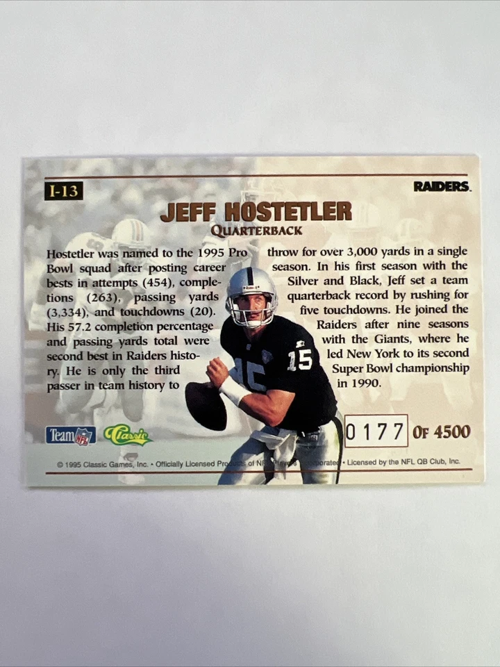 1995 Classic Pro Line - Impact #I-13 Jeff Hostetler /4500 - Image 4 of 4