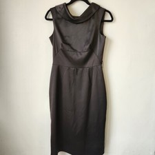 Adrianna Papell Black Satin Sheath Cocktail Bress with Roll Neckline, V back, 4