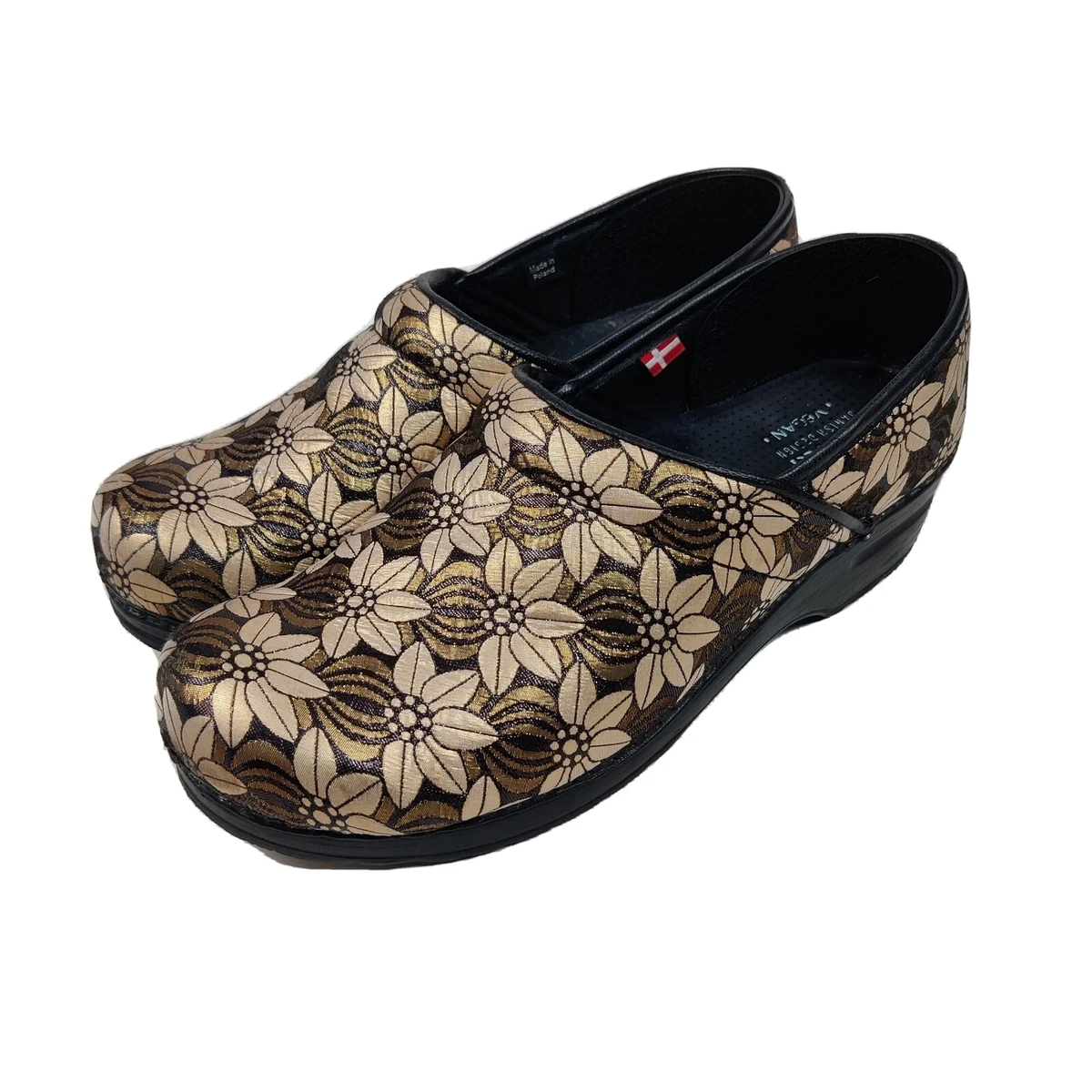 Sanita Clogs Cream Gold Floral Size 41 US 10.5 M Nursing Slip On Comfort Shoe