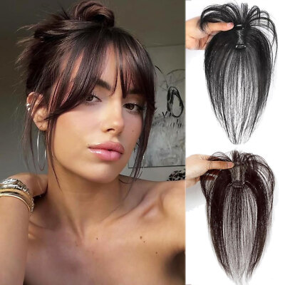 Thin Fringe Bangs 100% Remy Human Hair Extensions Clip In 360°3D Cover  Topper US