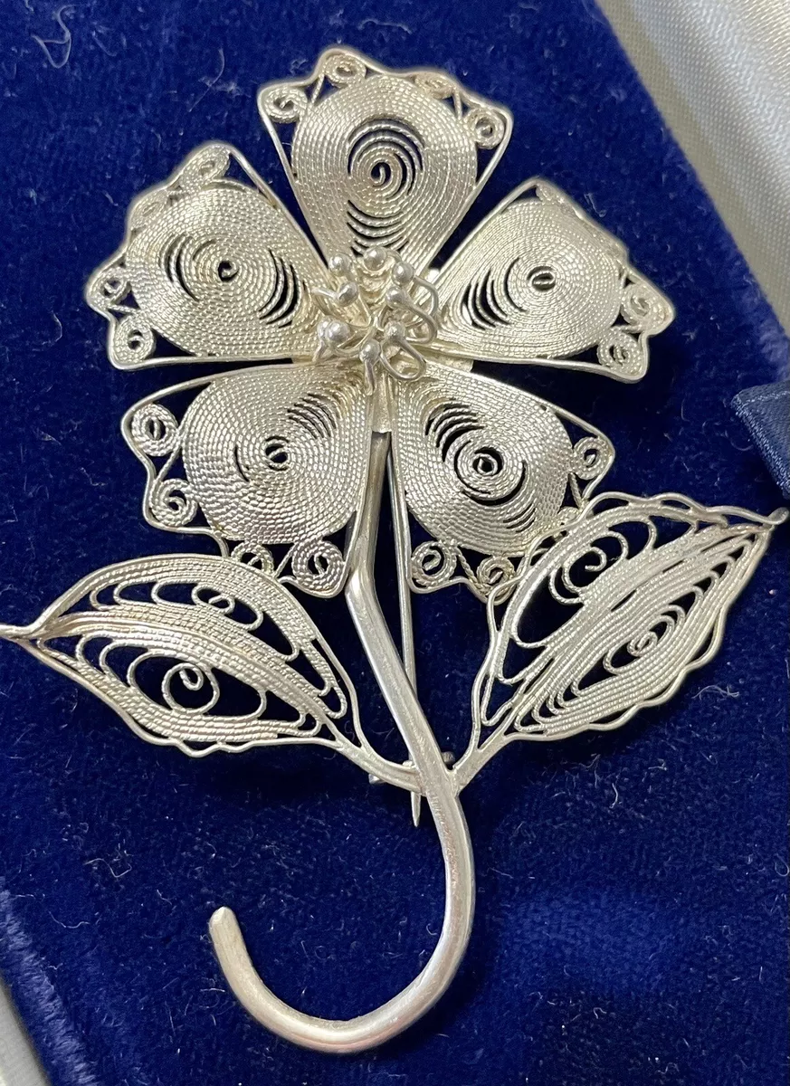 Stunning Vintage Silver Wire Layered Filigree Flower Brooch w Stem