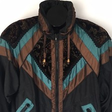 Clipper Bay Women's Windbreaker Jacket Size M Brown Teal Iridescent Velour Trim