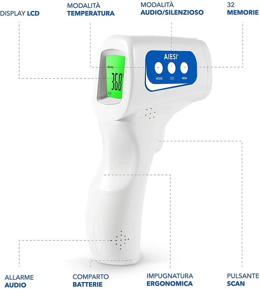 Termometro ad infrarossi professionale per febbre e oggetti senza contatto AIESI - Immagine 2 di 4