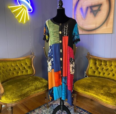 Vtg Y2K La Cera Patchwork Maxi Button Down Dress