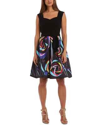 R & M RICHARDS Dress Size 4P Petite Black Belted Printed Skirt Fit & Flare NWT
