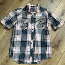 Affliction Plaid Snap Button Down Shirt Mens Sz Medium Short Sleeve