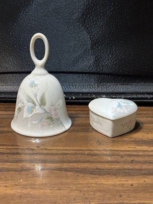 Vintage Russ Berrie Porcelain Vanity Set, Calla Lily Bell And Heart Trinket Box