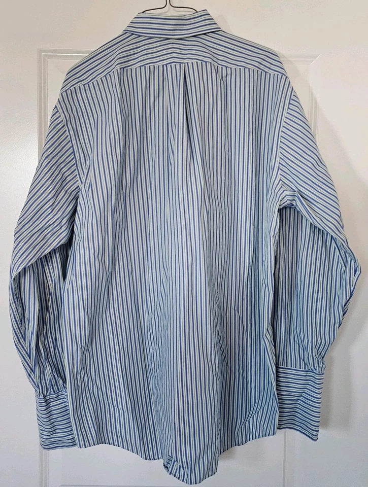 Lands' End Men's Long Sleeve Dress Shirt Size 17/34 Blue, White & Green Striped - Image 2 of 4