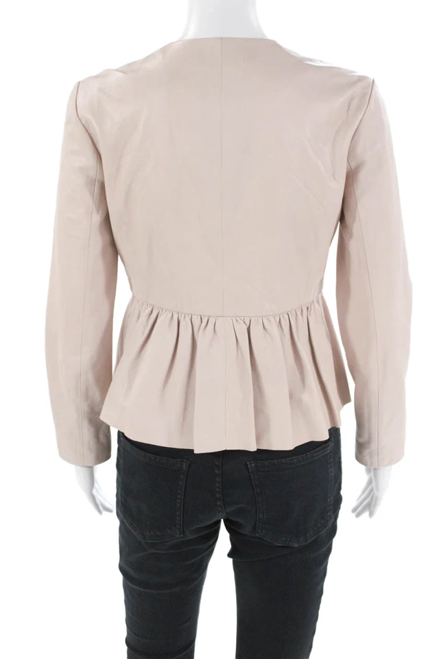 Rebecca Taylor Womens Leather Round Neck Zip Up Peplum Jacket Pink Size 2 - Image 3 of 4