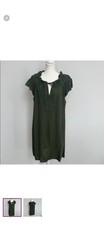 Green Shift Dress Knee Length Short Sleeve Ruffle Tie V-Neck Solid Women