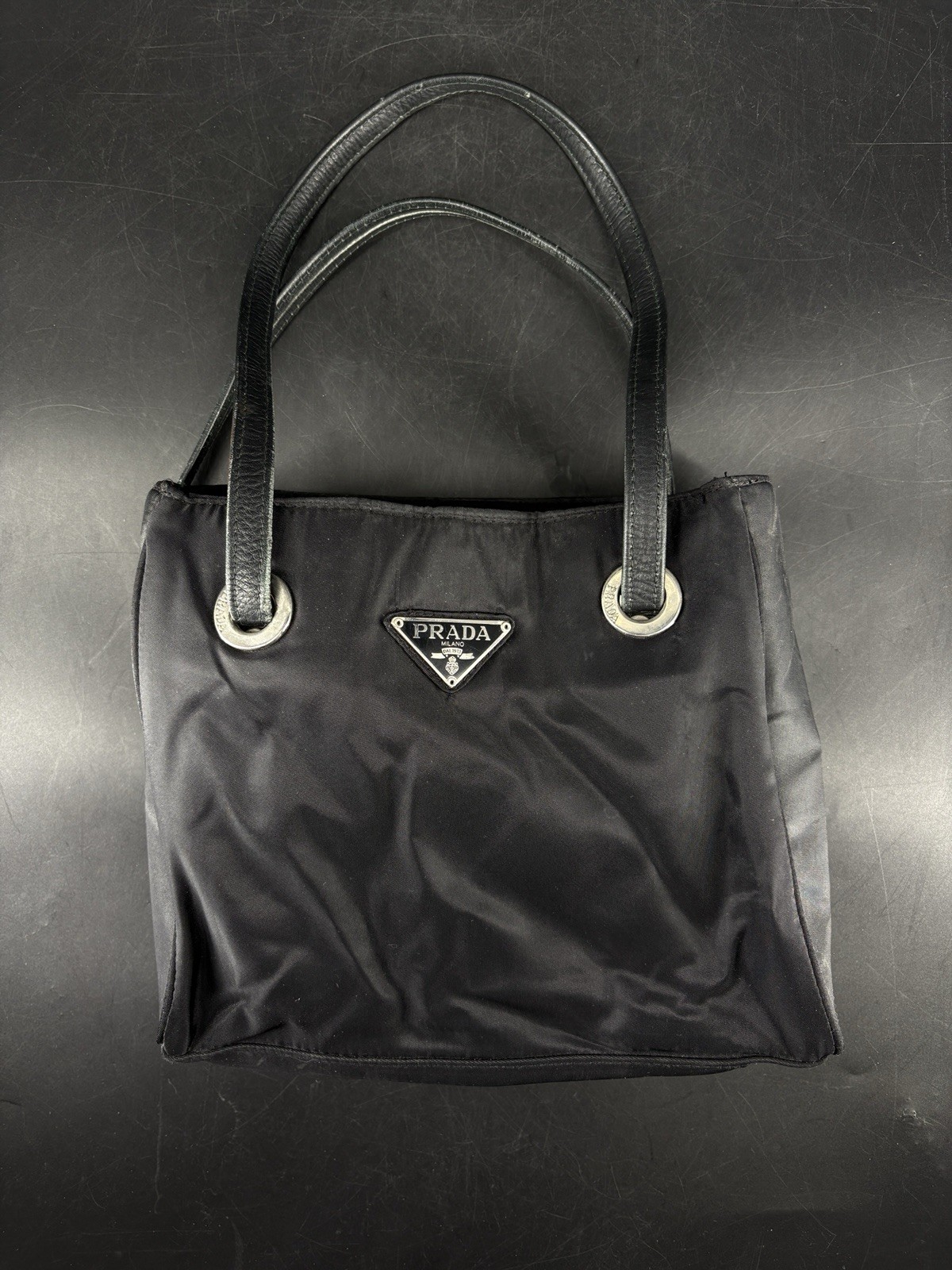 Prada Vintage Handtasche Klein Täschchen Schwarz Leder Nylon Tragetasche