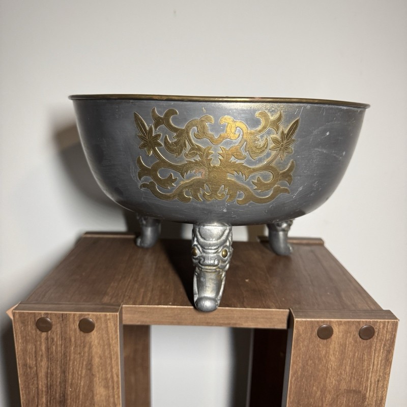 Vintage 10" Brass Chinese Incense Burner Tripod Dragon Legs from Hong Kong