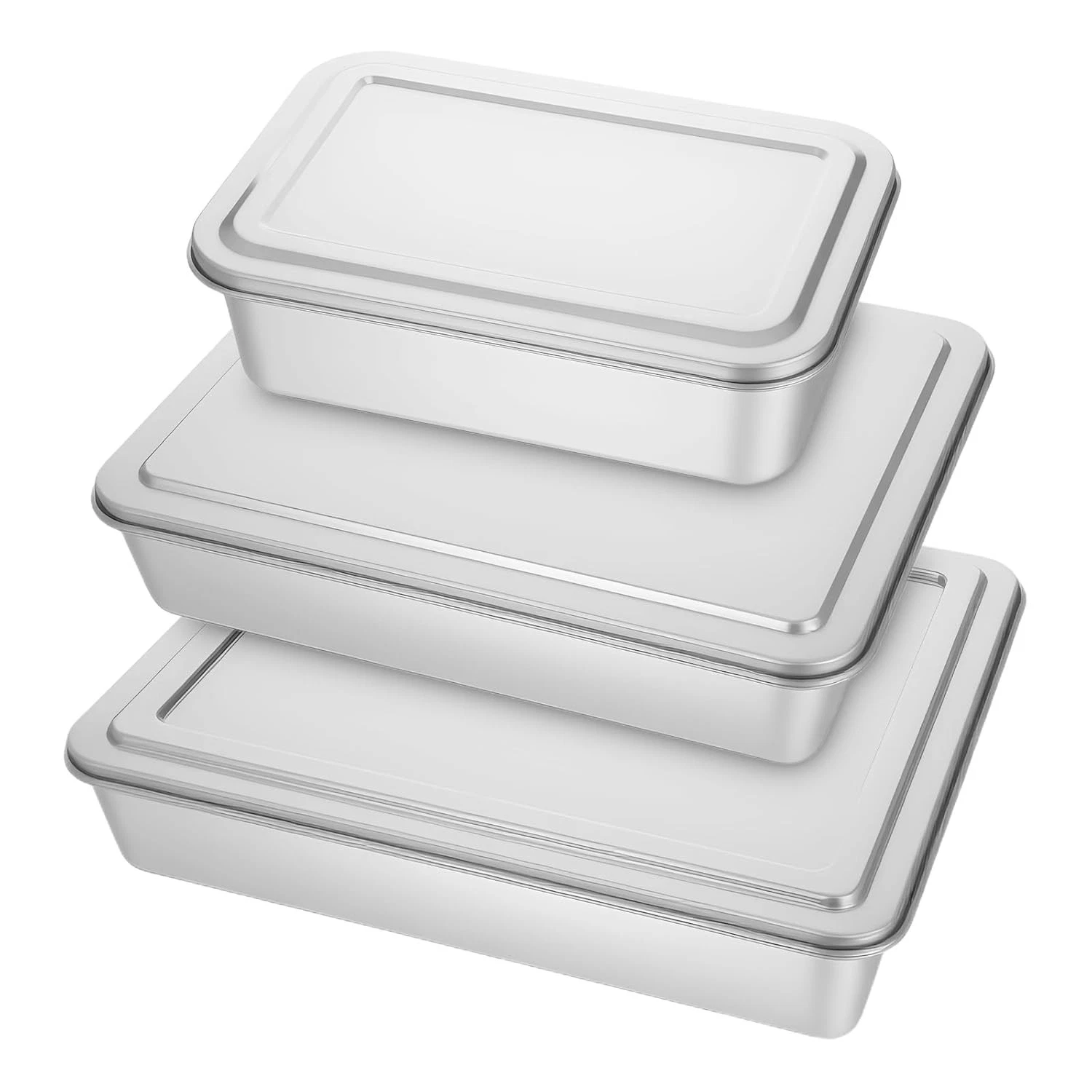 3 Set Stainless Steel Cake Pan with Lid, 13/11/9 Inch Rectangle Cake Pans Sets w