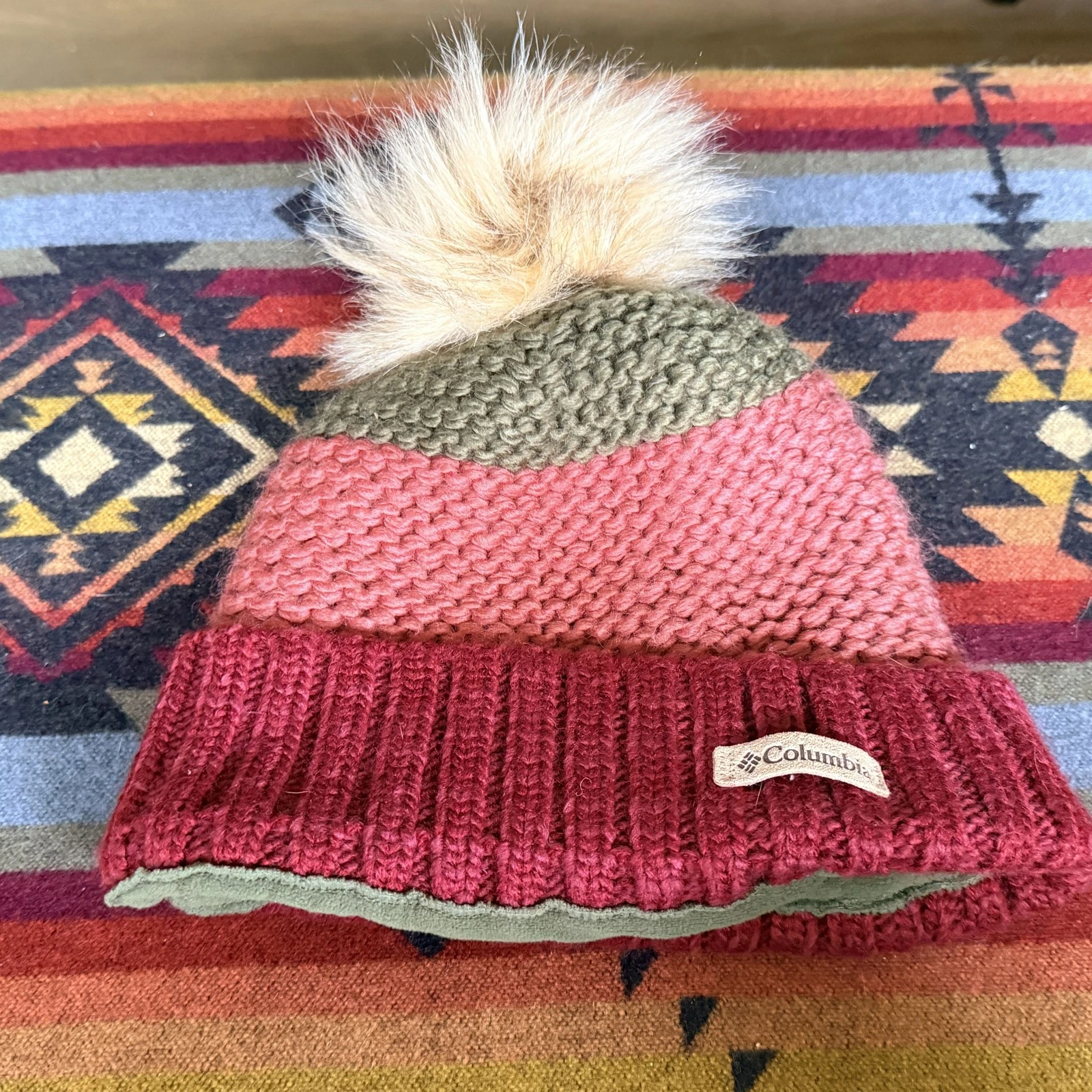 Columbia Puff Ball Cuffed Beanie Hat Fleece Lined Cap Red Khaki Men's One Size