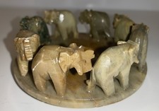 Soapstone Candle Holder, Stand with Carved Elephants Perfect For Animal Lovers