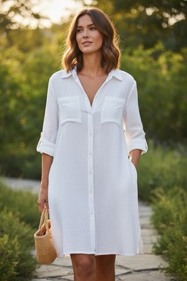New Masai Copenhagen White Cotton Tunic Blouse Dress Sz Medium Button Front
