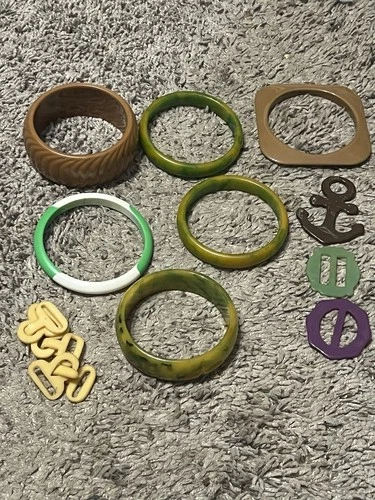 Vintage Lot Of Bakelite Jewelry Bracelets, Belt Buckles, & More Colorful Rare