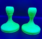 Fenton jadite Art Glass Vaseline Jade Vintage Candlestick Orange Trees in bloom
