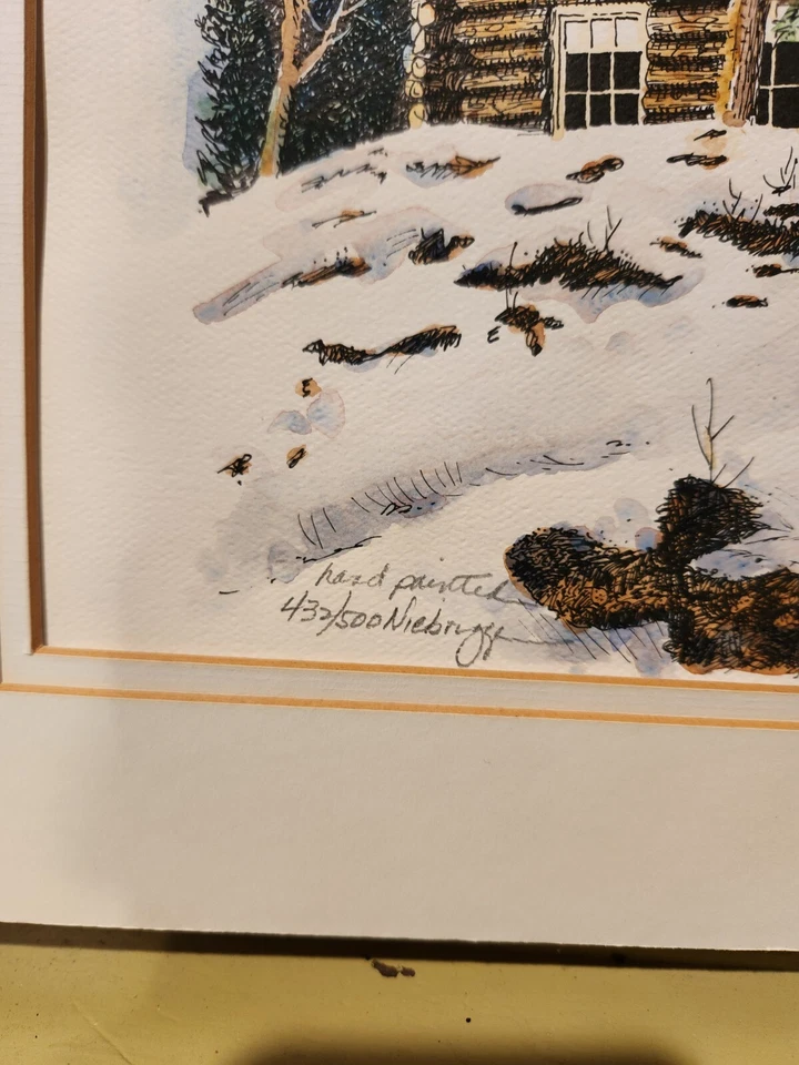 Impresión artística firmada por Gail Niebrugge capilla de invierno de Alaska numerada 1980 tinta de pluma Foto 3 de 4