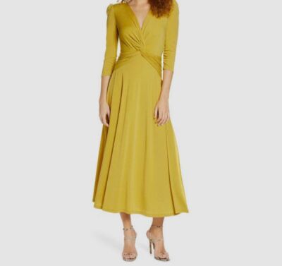$160 Caara Women's Gold V-Neck Three Quarter Sleeve Fit & Flare Dress Size Large