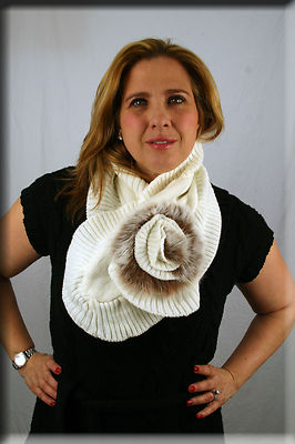 New White Knit Scarf Dark Brown Fox Fur Rosette Efurs4less