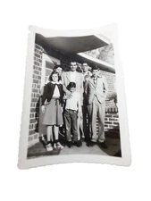 Vintage 1950's B&W Photo Family Brick House Father Wife Son Daughter 5" x 3 1/2"