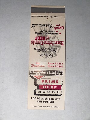 APPLEGATES PRIME BEEF HOUSE vintage matchbook matchcover - EAST DEARBORN, MI