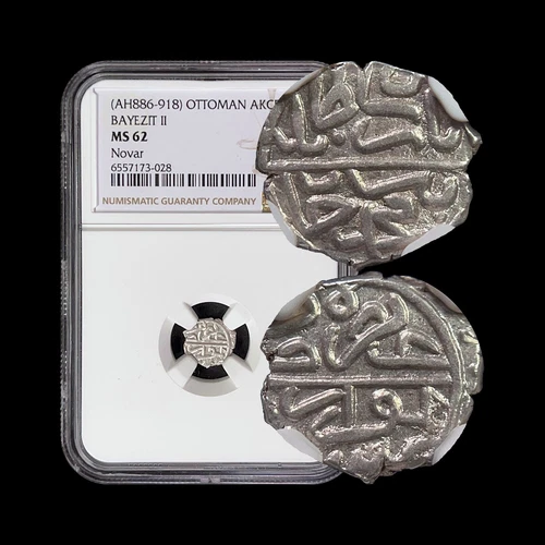 OTTOMAN. 1481, Akce, Silver - NGC MS62 - Bayezid II - Novar, Serbia 028