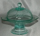 Vintage 1970's Indiana Glass Teal Green Covered Bowl Pedestal Candy Dish  6" T