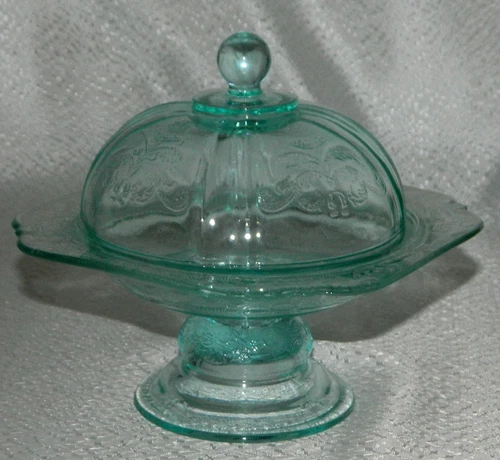Vintage 1970's Indiana Glass Teal Green Covered Bowl Pedestal Candy Dish  6" T