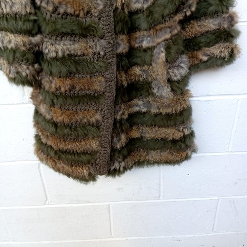 MANOUSH KHAKI OPEN KNIT - BROWN RABBIT FUR 3/4 SLEEVE COLLARLESS JACKET SIZE M - Picture 3 of 13
