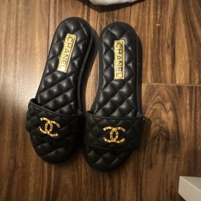 CHANEL Black Quilted Logo Slide Sandals Gold Accent Women's 38 Casual Summer