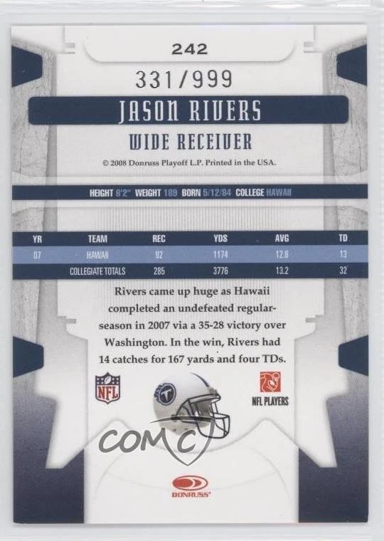 2008 Leaf Limited Phenoms /999 Jason Rivers #242 Rookie RC - Image 2 of 2