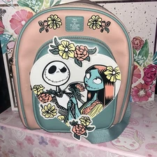 Disney Jack Skellington &Sally Disney X Bioworld Pink Heart Floral Mini Backpack
