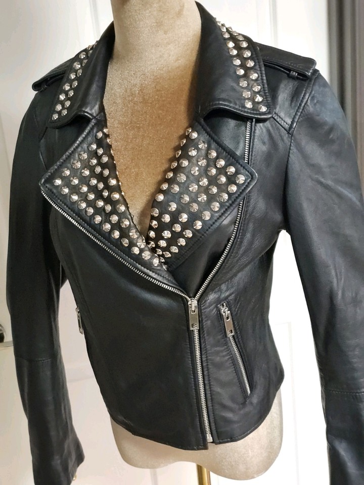 LARA Woman Ladies Black Leather/GoldMetal Jacket EUR M/Pit2Pit44cm/AroundW80/L50