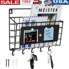 Wall Mounted Wrought Iron Key Holder Mail Organizer W/ Photo Display & Hooks New