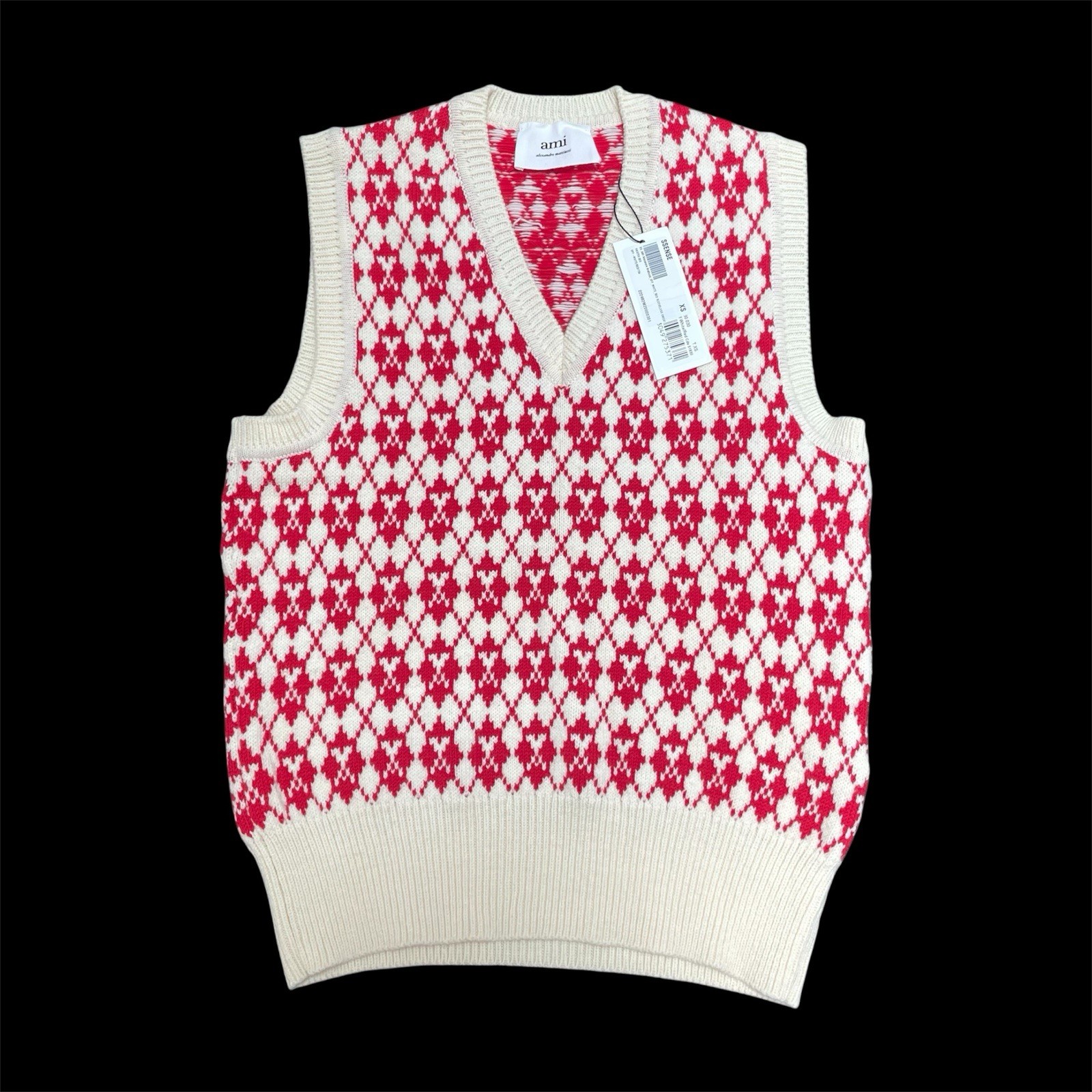 AMI Paris Ami de Coeur Argyle Off White Cream Red Sweater Vest