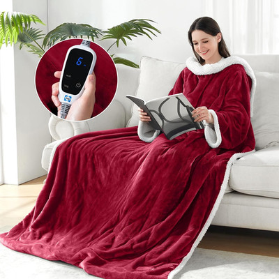 Wearable Electric Blanket with Foot Pocket, 6 Heat Settings, Red Flannel/Sherpa